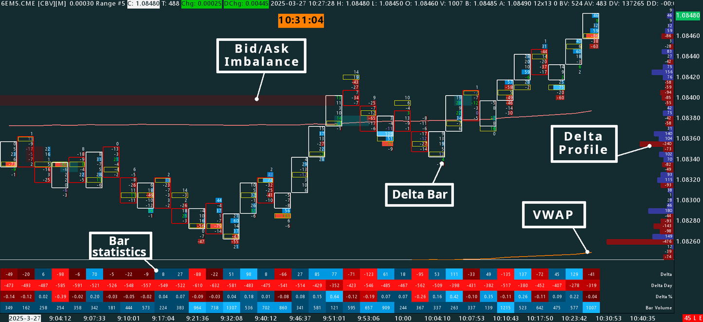 Delta Footprint, EUR/USD, 6 ticks range bars